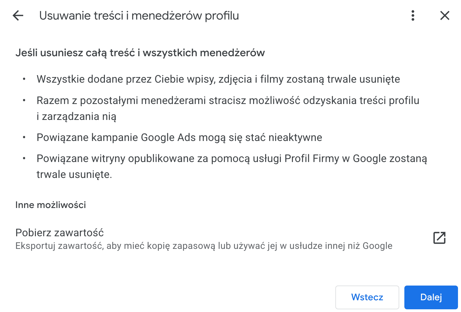 Oficjalny formularz Google do usuwania treści i menedżerów profilu - pokazuje że usunięcie całej wizytówki nie jest możliwe